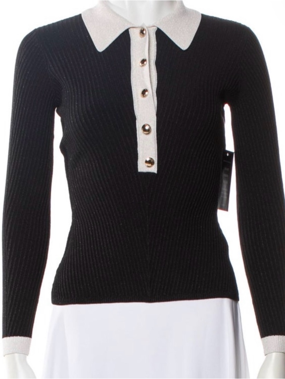 NWT Retrofête S Black Ribbed Long-Sleeve Polo Sweater with Ivory Trim